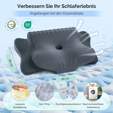 Подушка для шиї з піною з пам'яті, ергономічна подушка для сну, подушка для підтримки шиї для тих, хто спить на боці, спині та животі, сіро-білий колір (темно-сірий, 64 x 39 x 13 см)