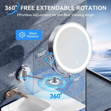 Дзеркало для макіяжу Auxmir з підсвічуванням, перезаряджуване, 3200mAh, для гоління, настінне, з регулюванням яскравості, 3 кольори світла, 360° обертання, для ванної кімнати (срібний, 30X, 10 дюймів)