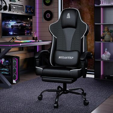 Ергономічне геймерське крісло з підніжкою, підголівником та підтримкою попереку. Регульоване геймерське крісло для дому та офісу. Біле.