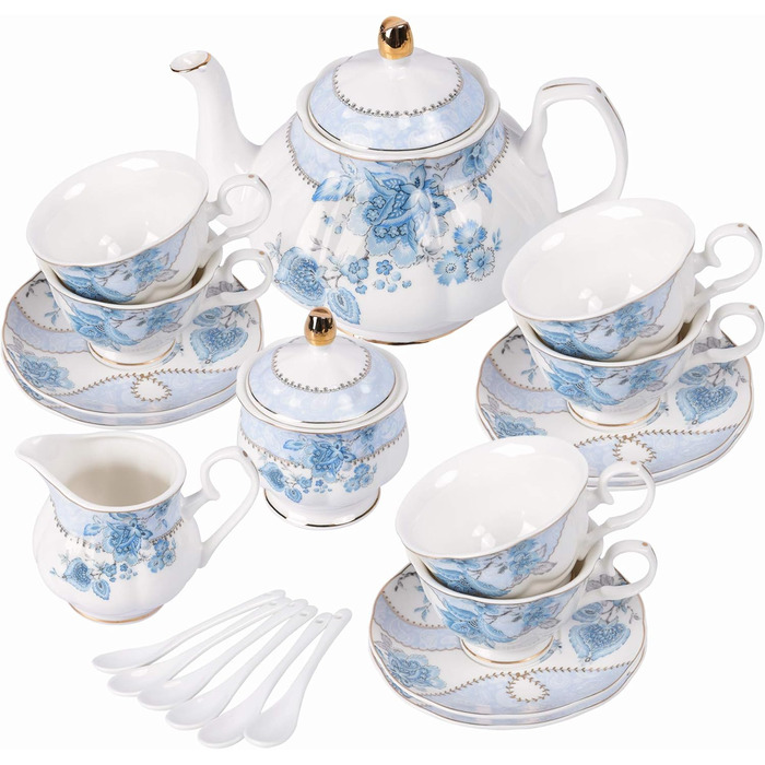 Набір чаю Fanquare Blue Floral Porcelain на 6 осіб, включаючи чайник, цукорницю та глечик для вершків