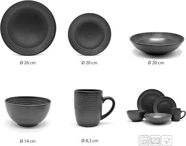 Вінтажний комбінований сервіз із 20 предметів BlackStyle сучасний дизайн, для 4 осіб, набір посуду з керамограніту з 4 обідніми тарілками, 4 бічними тарілками, 4 чашками, 4 чашками для чаю, 4 тарілками для супу