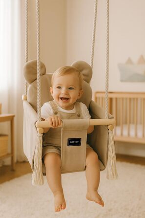 Дитяча гойдалка для дому та вулиці | Bär Light Beige Velvet | Гойдалка для малюків | Дерев'яна гойдалка для дітей | Гойдалка для дверного отвору