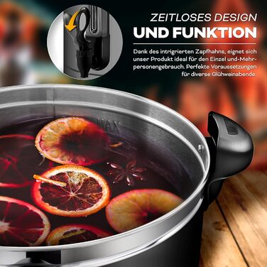 ТресКо® Електричний казанок для глінтвейну на 30 літрів / 2500 Вт з нержавіючої сталі. Електричний нагрівач для глінтвейну, гарячих напоїв та гарячої води. (30 літрів, сірий)