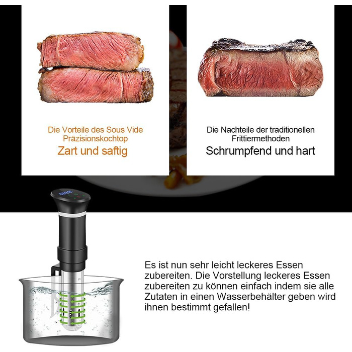 Су-від кухонний прилад з нержавіючої сталі, су-від стик, повільна варка з LED дисплеєм, 1000W, точне регулювання температури та таймер, з кулінарною книгою, сірий