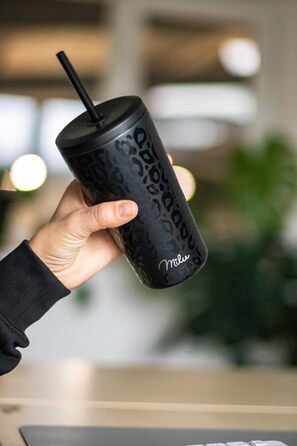 Термокружка Milu 400 мл - не протікає, з нержавіючої сталі, з трубочкою, ізольована, для кави/напоїв, чорна з леопардовим принтом, BPA-free