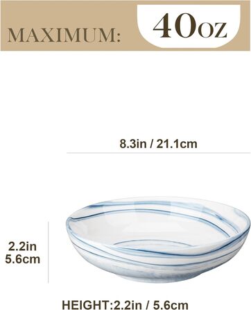 Тарілка для пасти MALACASA 1200 мл, мармурова керамічна низька тарілка з 4 частин, тарілка з локшиною, супова тарілка, миска рамен, велика салатниця, багатоцільові миски, звичайна серія (синій)