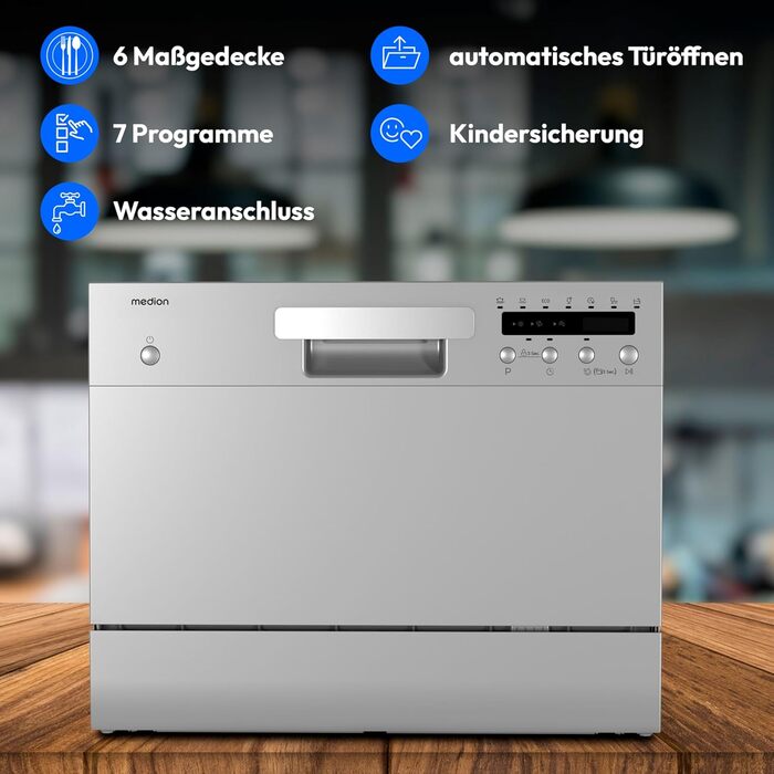 Посудомийна машина MEDION DWT60, 6 комплектів, 7 програм, ECO, AquaStop, LED дисплей, захист від дітей, срібна