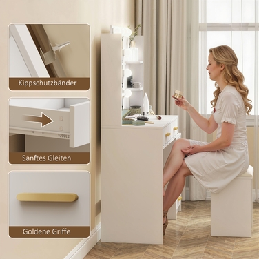 Туалетний столик з підсвічуваним дзеркалом та м'яким пуфом, туалетний столик з 6 висувними ящиками та полицями, білий