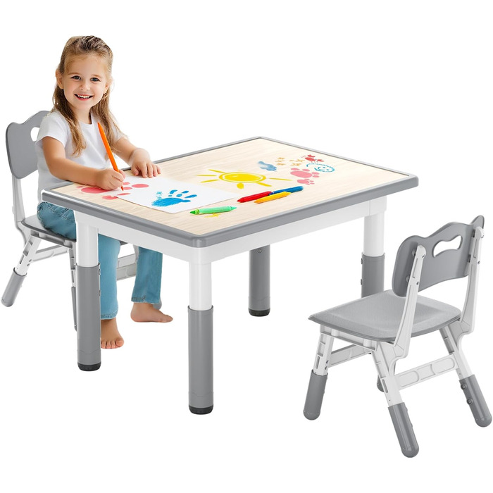 Дитячий стіл зі стільцями, дитяча група меблів, регульована висота, HDPE та ABS, багатофункціональний ігровий стіл для дітей 2-10 років, ергономічний набір столи та стільця для дитячої кімнати (80*60 см, сірий)