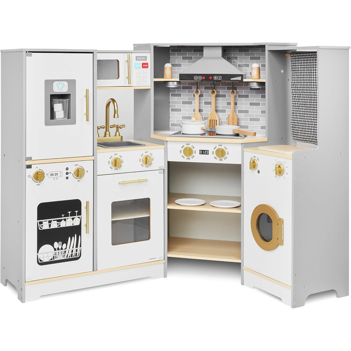 Дитяча дерев'яна кухня Mamabrum XXXL з LED-підсвічуванням та аксесуарами: мікрохвильова піч, посуд, столові прибори. Ігровий набір для дітей 3+