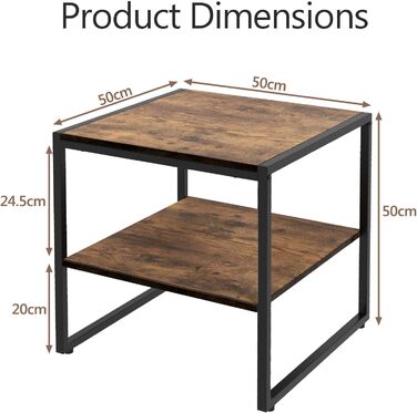 Набір журнальних столів LIFEZEAL з 2 шт. , промислова тумбочка зі сталевим каркасом, диванний стіл з полицями та регульованими ніжками, квадратний стіл для вітальні, спальні та балкона, коричневий