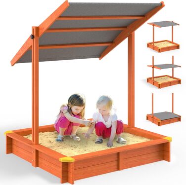 Дитячий дерев'яний пісочниця з сонцезахистом UV 50+, 140x140x120 см, імпрегноване дерево, з навісом, захистом країв і підстилкою, Sami
