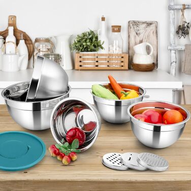 Набір мисок Homikit, 5 шт. з нержавіючої сталі, з кришкою та силіконовим дном, мультифункціональний, для салатів, 6.6L / 3.5L / 2.5L / 1.5L / 1L (блакитний, з 3 тертками)