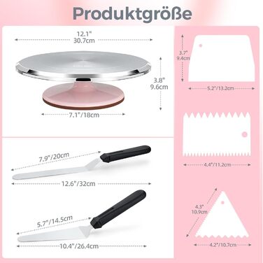 Ohuhu Поворотна платформа для тортів, 30 см, алюмінієвий сплав, 2 шпателі та 3 скребки, для декорування тортів та випічки, подарунок для кондитерів (Рожевий)