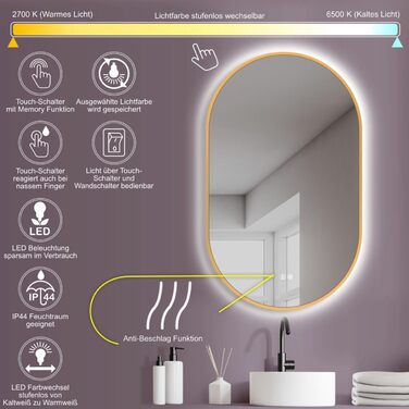 Дзеркало для ванної кімнати HOKO Design LED Turin овальне 45x75 см, рамка матовий чорний, LED підсвітка, сенсорне управління, зміна кольору світла (тепле/холодне/нейтральне), монтаж HOCH+QUER, антизапарник