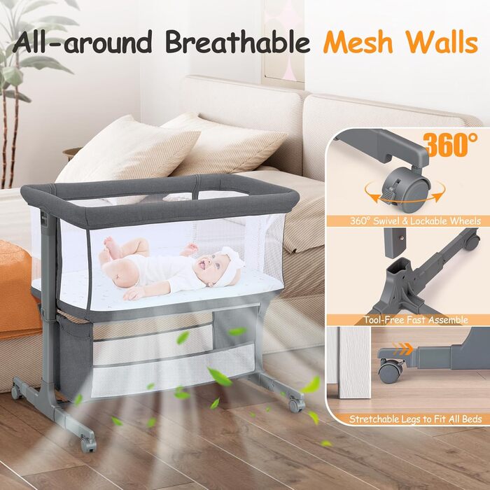 Зустрічне ліжко для немовлят, коліс, кошик для зберігання, регулювання висоти 7 рівнів (темно-сірий)
