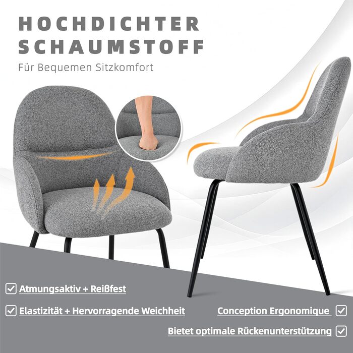 Набір обідніх стільців з підлокітниками – ергономічні м'які стільці, сучасні кухонні стільці з льоновим покриттям та металевими ніжками, для вітальні, обідньої кімнати, кухні, бежевий (2 шт., льон світло-сірий)