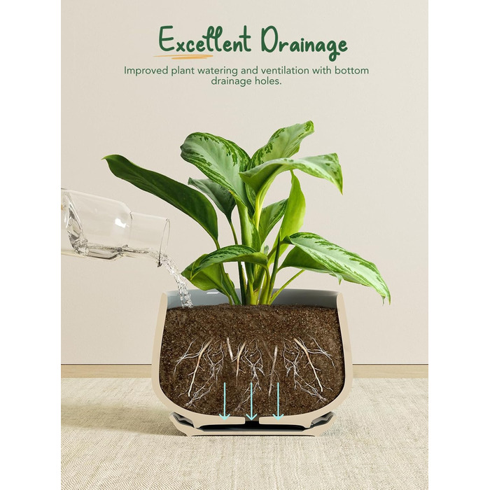 Керамічні горщики LE TAUCI з підставкою, 10+13+16 см, набір з 3 горщиків для кімнатних рослин, з дренажним отвором, реактивна глазур (блакитно-сірий)