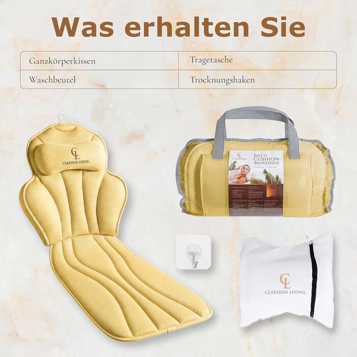 Подушка для ванни повне тіло (152x56 см) з підголівником (11 см) - підтримка шиї, спини та ніг - бежева. З сумкою для прання та подорожей, гачком для сушіння.