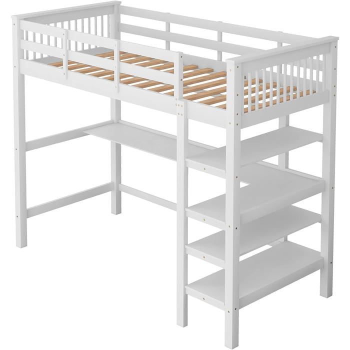 Дитяче ліжечко Merax, ліжко-горище 90х200см з відсіками для зберігання та вбудованим письмовим столом, ліжко-горище дитяче, виготовлене з високоякісного масиву сосни та МДФ, включаючи рейковий каркас, білий