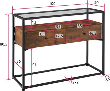 Консольний стіл Tectake з 2 ящиками та полицями, індустріальний стиль, скляна стільниця, 101,5x41,5x80,5 см, дерево, метал