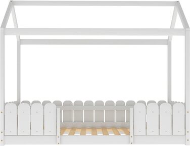 Дитяче ліжко Merax 90x200 см, красиве домашнє ліжко із захистом від падіння та рейковим каркасом, універсальне дерев'яне ігрове ліжко з огорожею, ліжко на дереві для хлопчиків і дівчаток, білий білий паркан