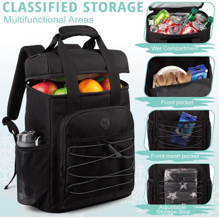 Чорний рюкзак-холодильник з м'якою ручкою, легкий та ізольований, велика місткість, для пляжу, кемпінгу, пікніка, риболовлі та походів