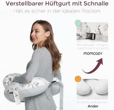 Подушка для годування Momcozy Stillkissen з безпечним бордюром – ергономічна подушка для годування та позиціонування з регульованим ремінцем та знімним бавовняним чохлом, Meteoritenschauer (Світло-сірий)