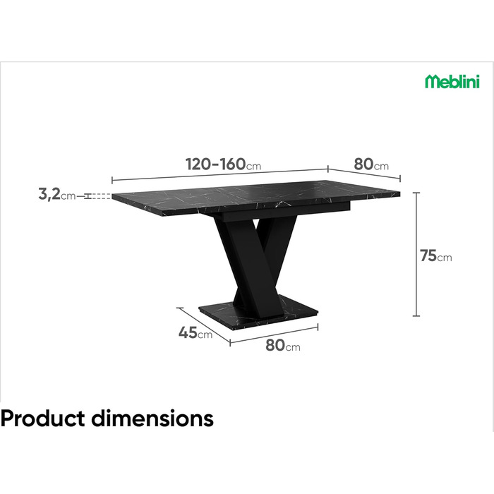 Обідній стіл Mebleini розсувний, сучасний, чорний глянцевий/білий глянцевий (120-160x80x75см, чорний мармур/чорний матовий)