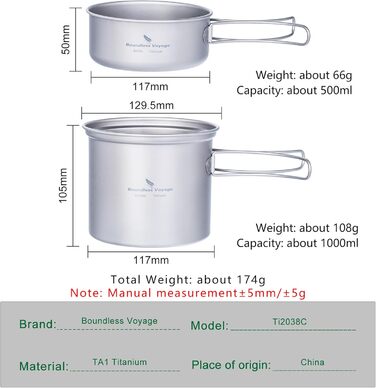 Набір посуду iBasingo з титану (2 шт.): каструля 1000мл, сковорода 500мл для кемпінгу та відпочинку на природі