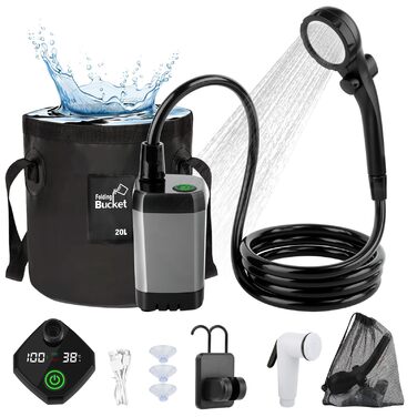 Портативна душова кабіна для кемпінгу з акумулятором та насосом, 6000mAh. Модель для відпочинку, подорожей, автомийки. З набором душової лійки та шлангом, складаний бак.