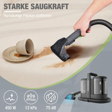 WORKPRO Мийний пилосос 450W 13kPa, 1.6L з миючим засобом та 2 насадками, для килимів, диванів, авто