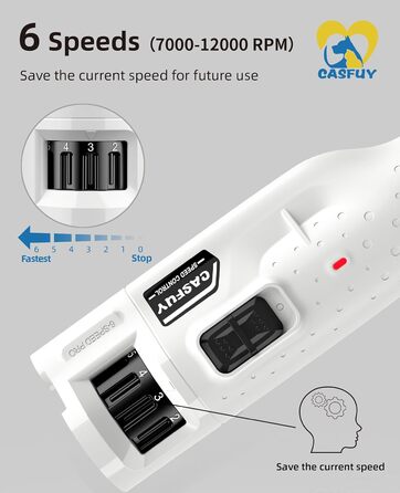 Шліфувальна машина Casfuy Claw для собак і кішок, 6-швидкісна, 2 світлодіоди, тиха (45 дБ), з пилозахисною кришкою (біла)