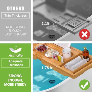 Підставка для ванни Artmalle, складаний бамбуковий столик для ванни з тримачем для книги та келиха, безкоштовна мильниця, підходить для розкішного спа або читання, натуральний бамбук