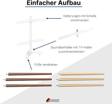 Підставка для телевізора Schwaiger 658200: дерев'яна стійка-монопод для телевізорів до 65 дюймів, до 35 кг, з кріпленням для саундбару, білий/бук, справжнє дерево, преміум-якість
