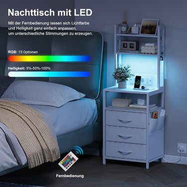 Нічний столик з підзарядкою та LED, бічний столик з 3 висувними ящиками з тканини, тумбочка з полицею для книг, відкрите відділення, 2 розетки AC, USB та Type C порти, для спальні, вітальні, офісу (40x30x60 см, Білий, 1)