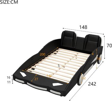 Дитяче автомобільне ліжко Merax Дитяче ліжко Модель автомобіля Ліжка, односпальне ліжко з рейковим каркасом і місцем для зберігання, ігрове ліжко для маленьких гонщиків хлопчиків і дівчаток, PU поверхня, до 250 кг, білий (140 x 200 см, чорний-1)