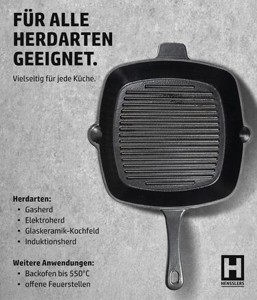 Сковорода-гриль HENSSELERS® з чавуну [26 см] для всіх типів плит та духовок, включаючи газові та індукційні плити. Антипригарна сковорода для стейків. Чотирикутна чавунна сковорода для гриля