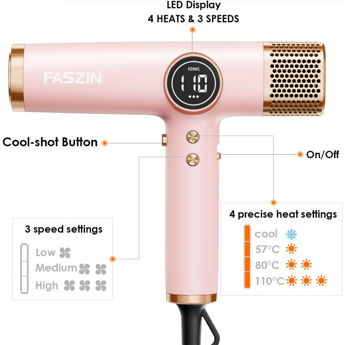 Фен для волосся Faszin з іонізацією, 110 000 RPM, LED-дисплей, 3 насадки, рожевий