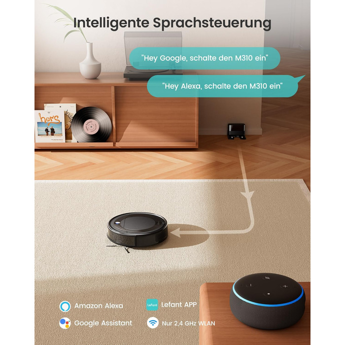 Робот-пилосос LEFANT M310: потужність 4500Pa, 180 хвилин роботи, 4 режими, Wi-Fi, керування через додаток та Alexa, для тварин та твердих підлог