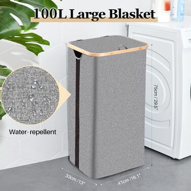 Кошик для білизни з кришкою, 100 л, з прозорим вікном, знімні мішки, сірий (02)