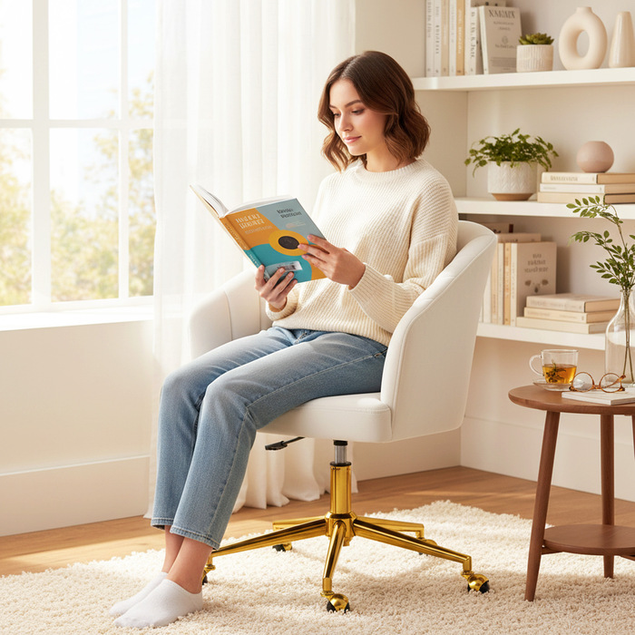 Офісний стілець з оксамитовою оббивкою, м'яке пінополіуретанове сидіння, регульована висота, на коліщатках, сталевий каркас, кремово-білий