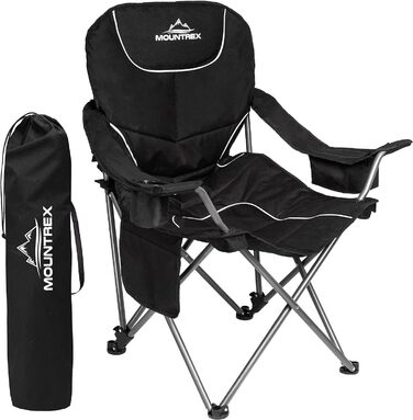 Крісло для кемпінгу MOUNTREX - Розкладне крісло до 150 кг - Крісло для риболовлі, Пляжне крісло - Регульована спинка та підлокітник, Складний, М'який, Складний - Крісло для кемпінгу з сумкою-холодильником, підстаканником чорний