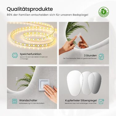 Дзеркало для ванної кімнати EMKE з підсвічуванням 80x60 см, з полицею, антизапар, регульоване холодне біле світло 6500K, сенсорне управління, функція пам'яті, асиметричне дзеркало для ванної кімнати (70L x 50B см)