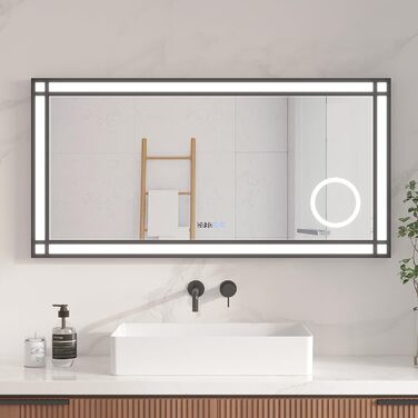 Дзеркало для ванної кімнати AQUABATOS LED з підсвічуванням 50x70 см, імітація вікна, сенсорне регулювання, протитуманне покриття, чорний алюмінієвий каркас, індустріальний стиль, холодний білий світлодіодний дзеркало