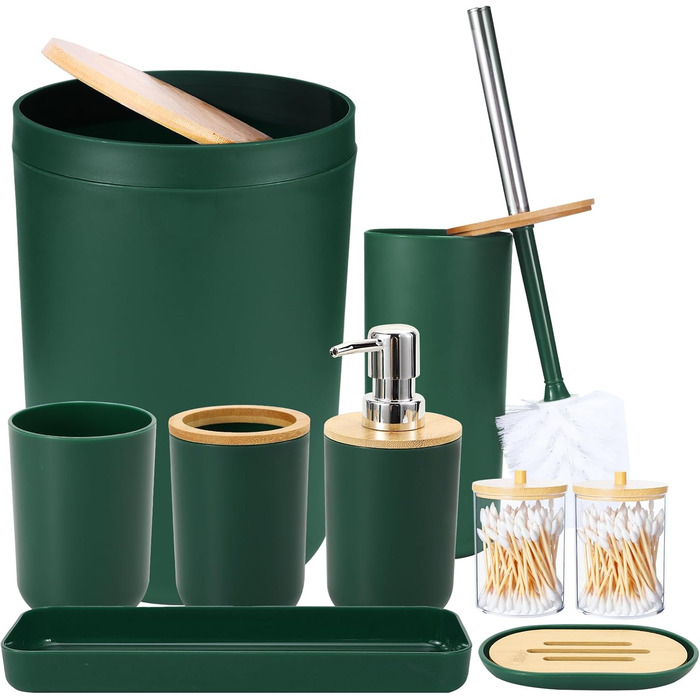 Набір аксесуарів для ванної кімнати iMucci: сміттєвий бак, щітка для унітазу, тримач для зубних щіток, диспенсер для лосьйону/мила, мильниця, стакан для зубних щіток, тримач для ватних паличок (з бамбукової обтяжки), пастельно-зелений, 9 предметів (темно-