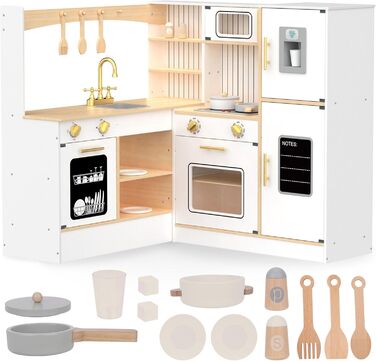 Дерев'яна кухня Мамабрум XXXL з LED-підсвічуванням та аксесуарами для дітей 3+ - набір іграшкової кухні з мікрохвильовою піччю, каструлями та столовим приладдям