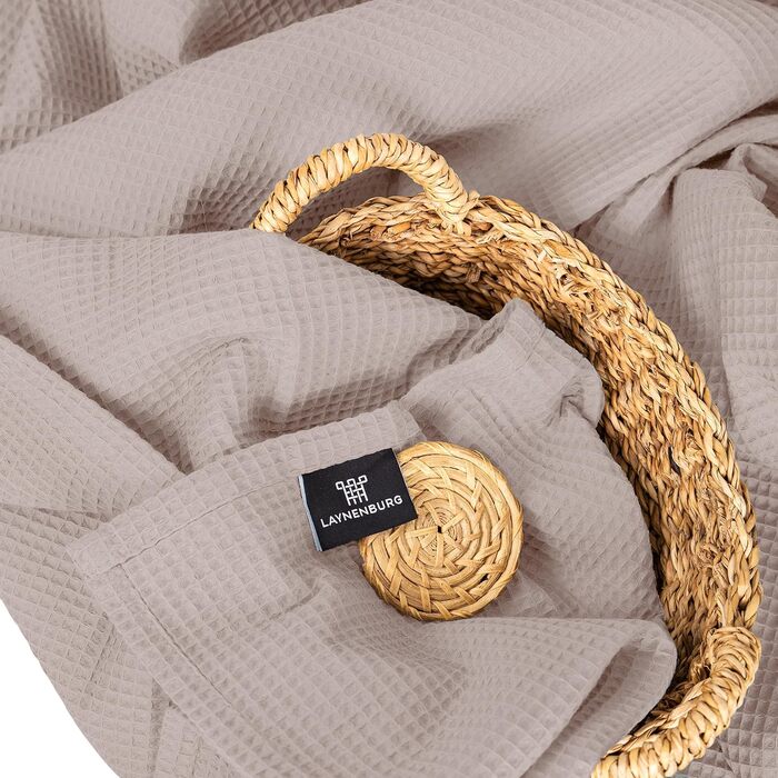 Плед LAYNENBURG Premium 180x220 см, вафельна тканина, 100% бавовна, бежевий колір. Плед для ліжка, дивана, софи.