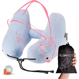 Надувна подушка для шиї FLOWZOOM надувна шийна подушка для подорожей в літаку, автомобілі, поїзді - швидко надувна, підтримує шию і підборіддя, з м'яким оксамитовим чохлом (сірий) (3) Світло-блакитний-розмір M)