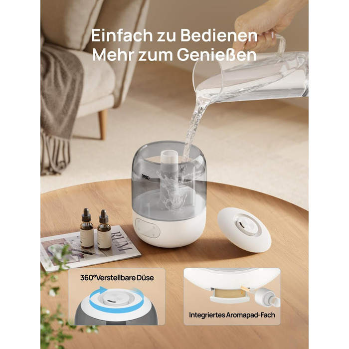 Зволожувач повітря Dreo для спальні, ультразвуковий холодний туман, 30 годин роботи, 3л резервуар, датчик вологості, нічник для дітей, кімнатних рослин та дому (Сірий)